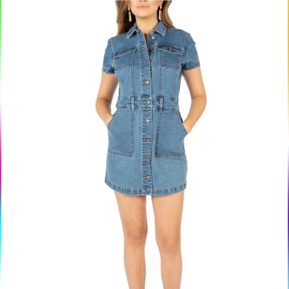 Peace Love Eco Rewash Denim Mini Dress Size Small in Panem Denim Blue Like New
